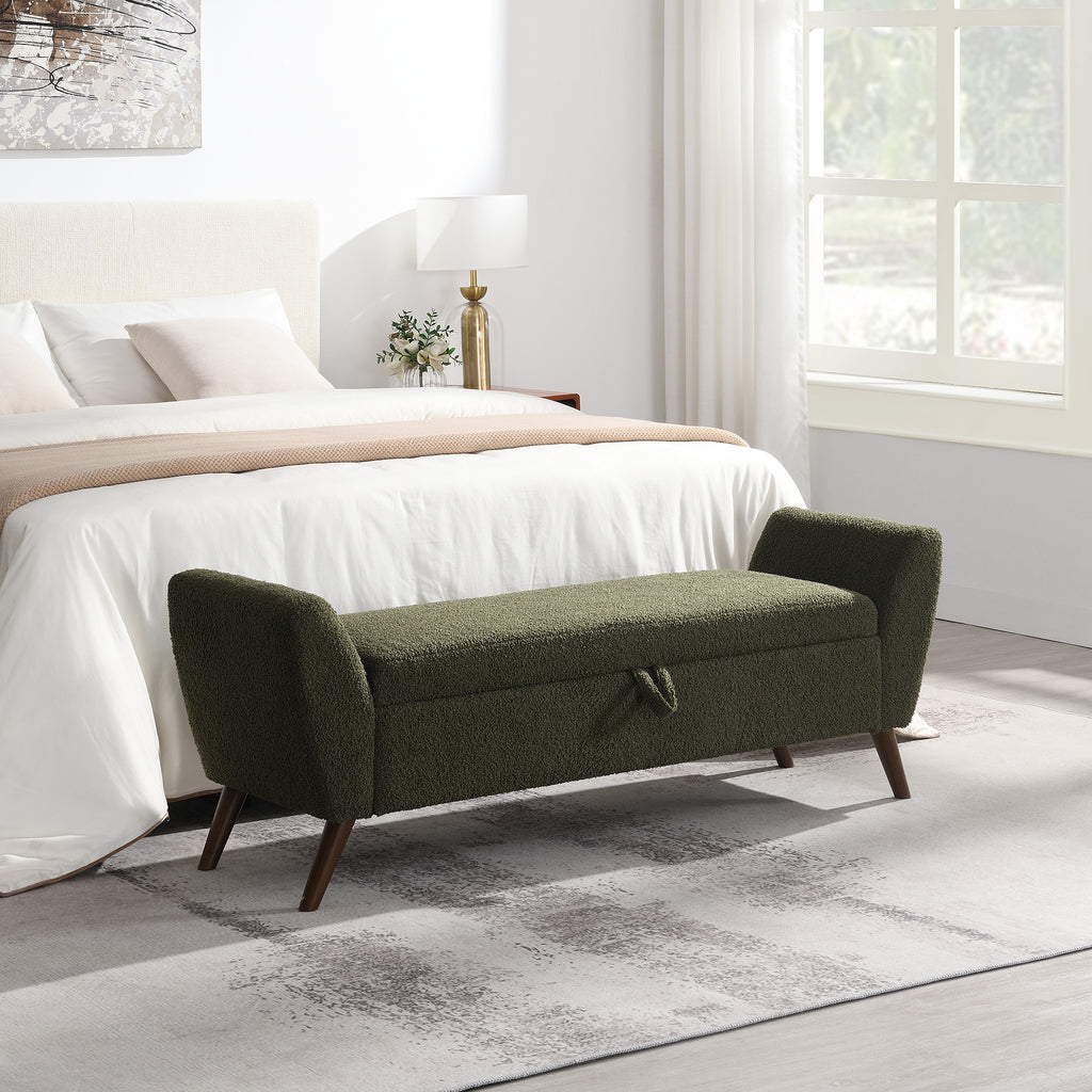 Modern Storage Bench with Mid-Century Wood Legs, 60'' Olive Green Teddy Fabric Upholstered Bench with Storage for Living Room & Bedroom - Grand Goldman Shop