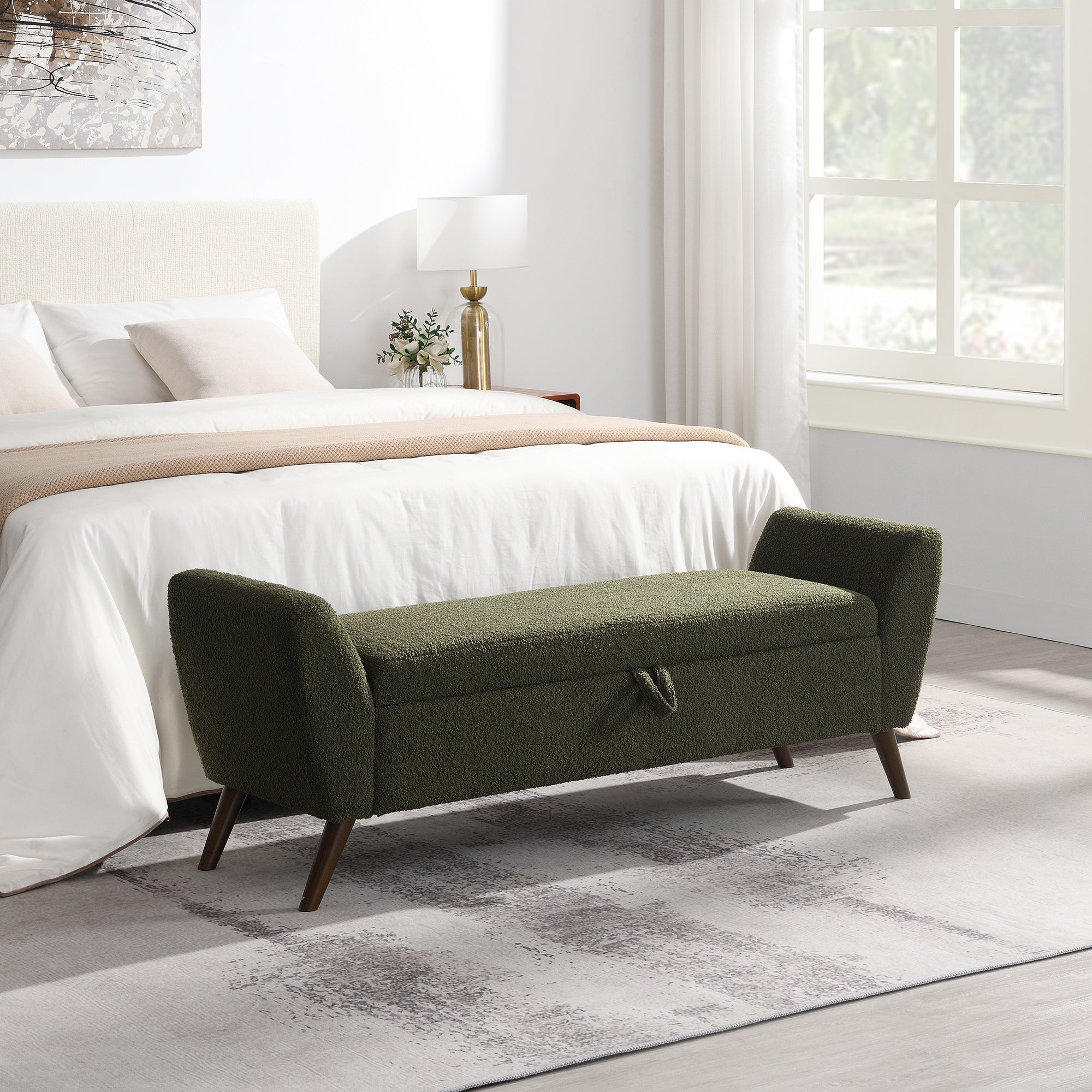 Modern Storage Bench with Mid-Century Wood Legs, 60'' Olive Green Teddy Fabric Upholstered Bench with Storage for Living Room & Bedroom - Grand Goldman Shop