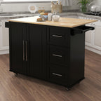Kitchen Island with Spice Rack, Towel Rack and Extensible Solid Wood Table Top-Black - Grand Goldman Shop
