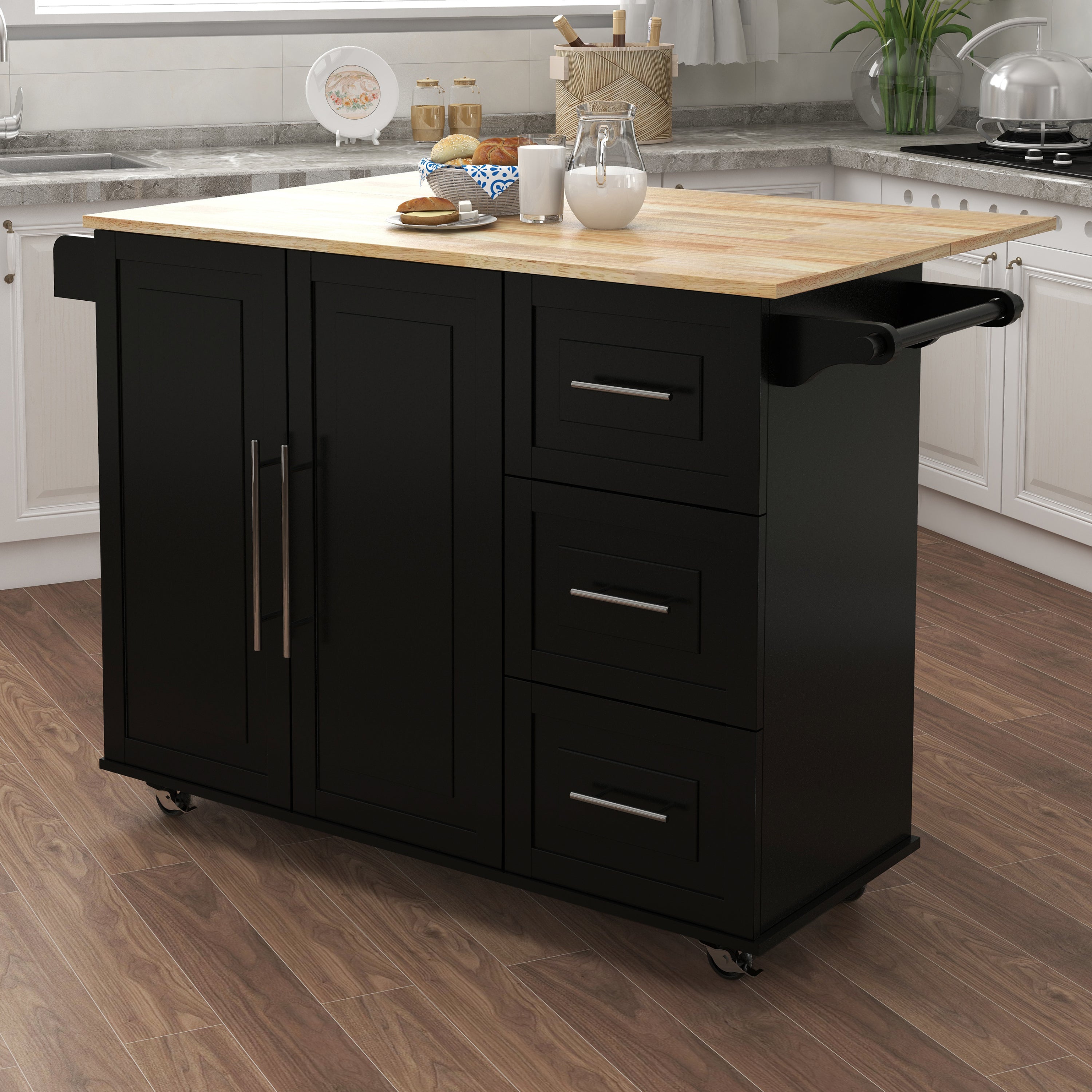 Kitchen Island with Spice Rack, Towel Rack and Extensible Solid Wood Table Top-Black - Grand Goldman Shop