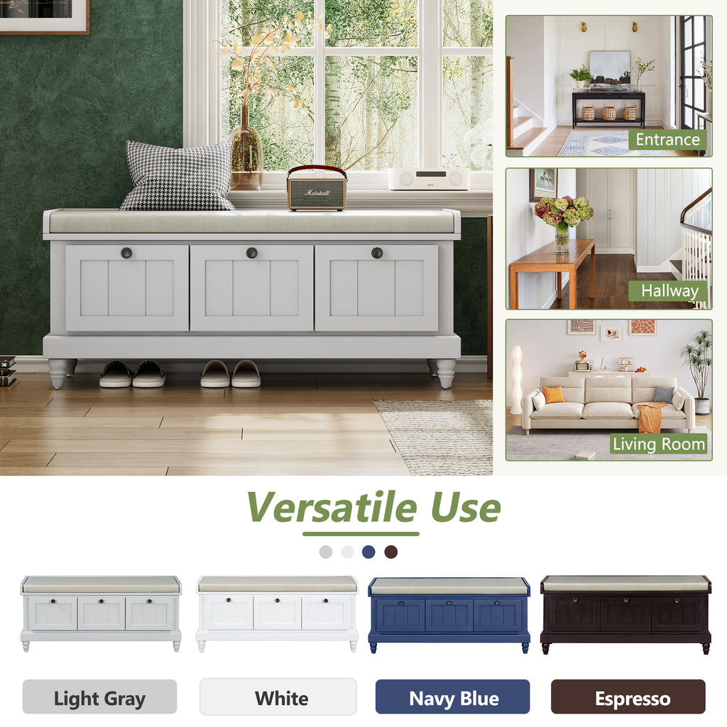 TREXM Classic Shoe Bench with Cushion and Three Drawers, Fluted Entryway Bench with Storage for Living Room, Entryway, and Hallways (Light Gray, OLD SKU: N715P207812E ) - Grand Goldman Shop