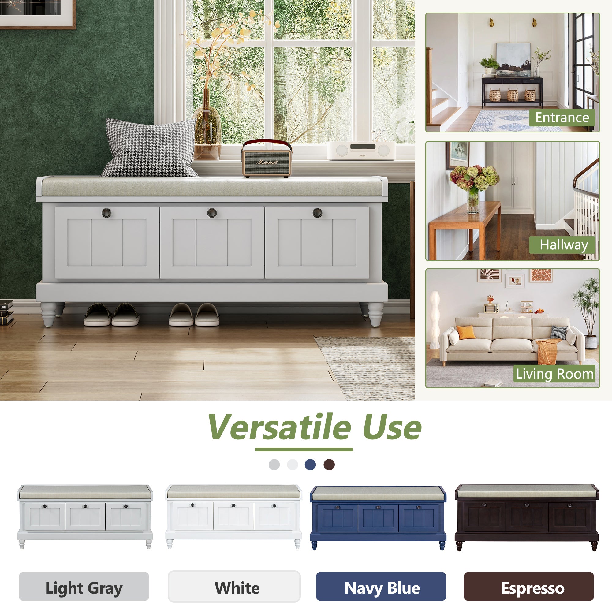 TREXM Classic Shoe Bench with Cushion and Three Drawers, Fluted Entryway Bench with Storage for Living Room, Entryway, and Hallways (Light Gray, OLD SKU: N715P207812E ) - Grand Goldman Shop