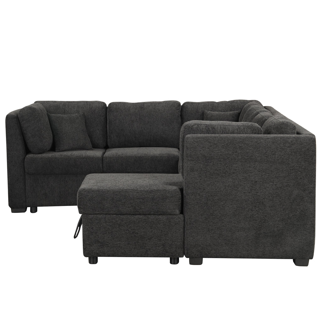 U-shaped Sectional Sofa Pull Out Bed with USB Ports, Power Sockets, Back Pillows & Storage Chaise, Black Chenille, 108.6' - Grand Goldman Shop