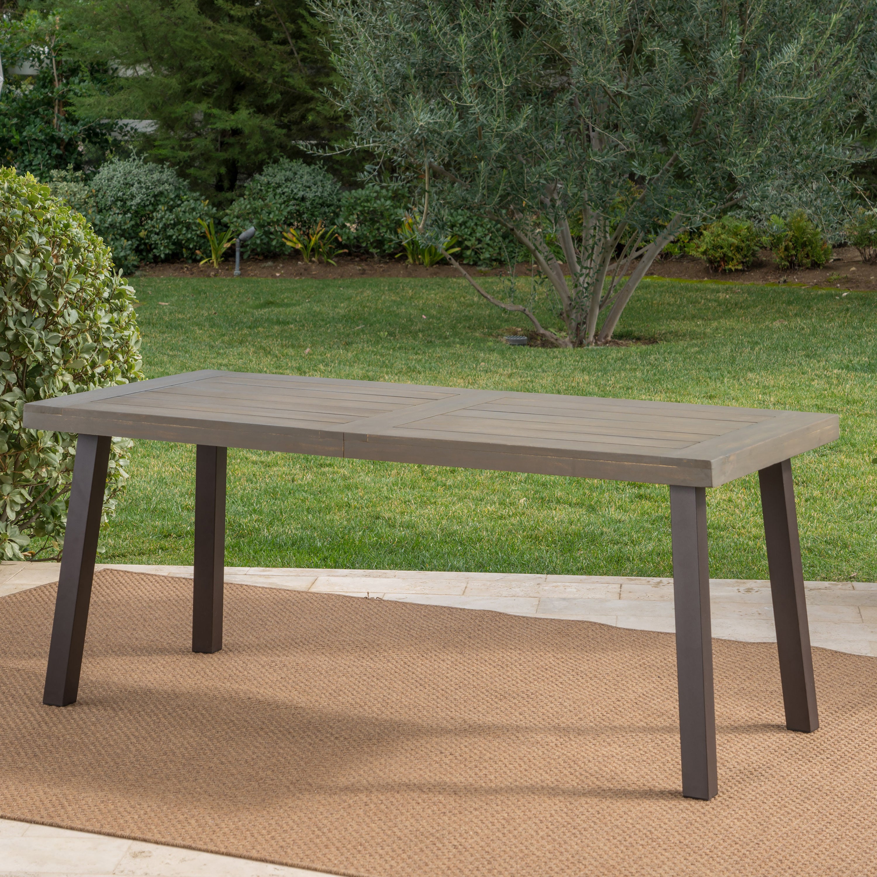 Acacia Wood Dining Table with Slat Design, Grey Finish / Rustic Metal - Grand Goldman Shop