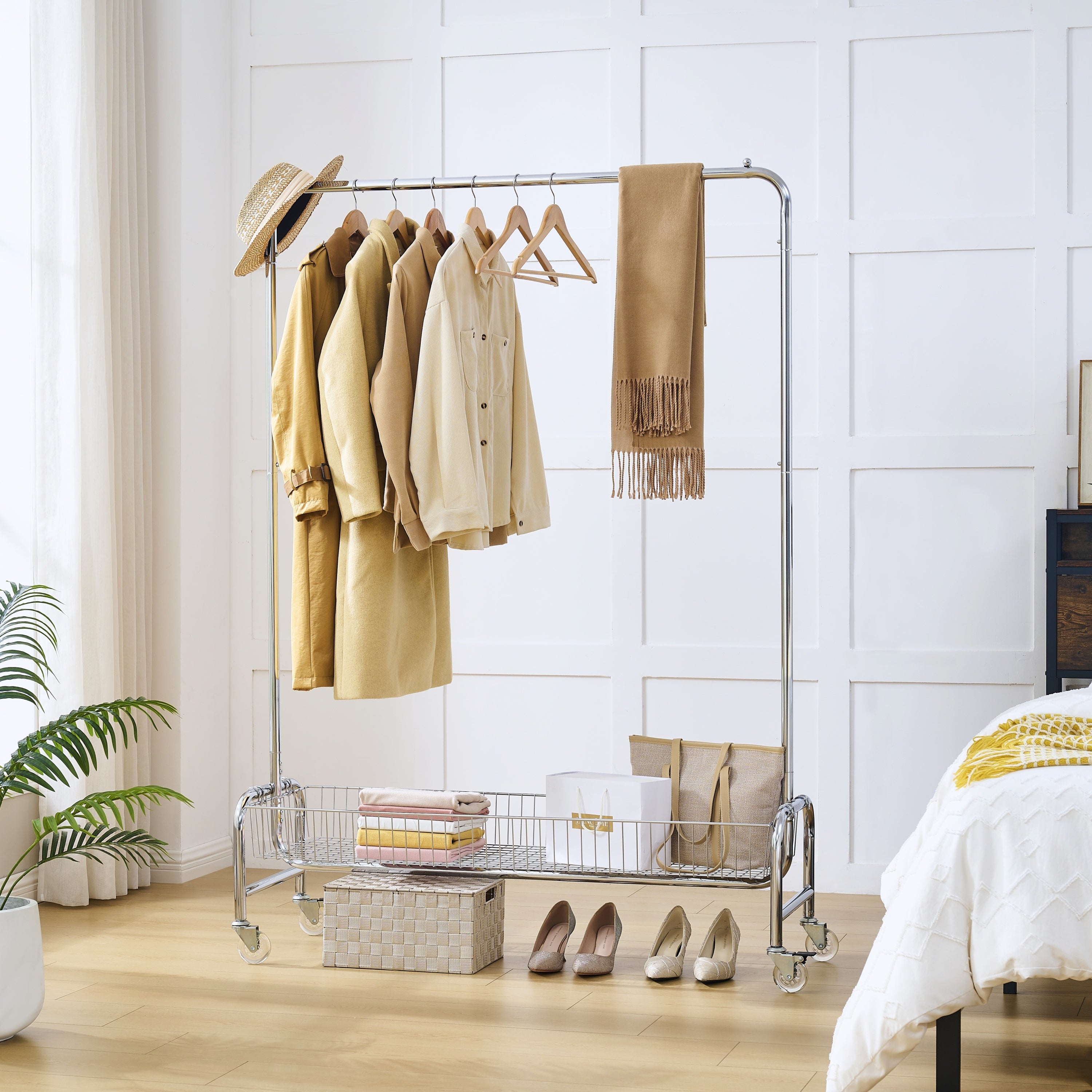 Heavy Duty Silver Iron Garment Rack with Basket on Wheels, 47.24 x 15.75 x 66.93 Inches - Grand Goldman Shop