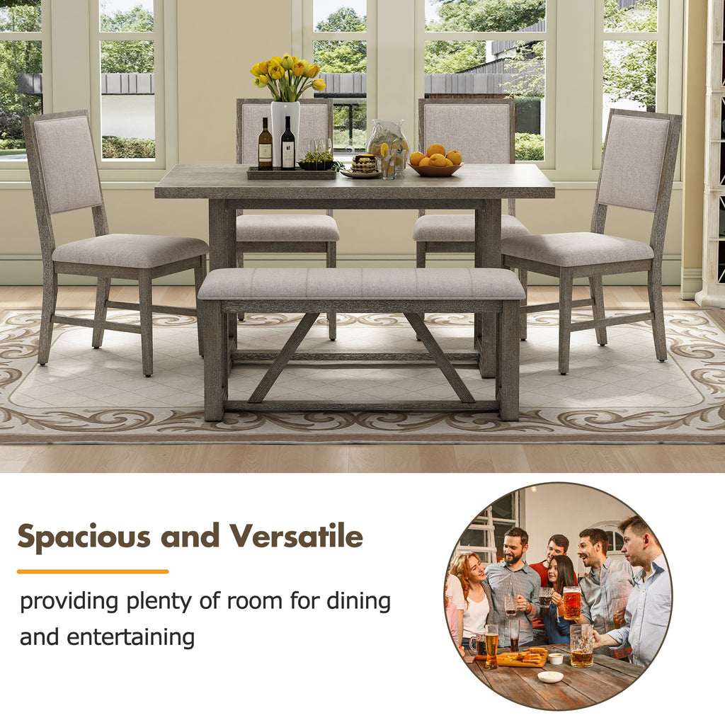 TREXM 6-Piece Retro Dining Table Set for 6, 60' Wood Kitchen Table and Chairs Set of 4 with Bench Designed Trestle Base for kitchen & Dining Room (Gray) - Grand Goldman Shop