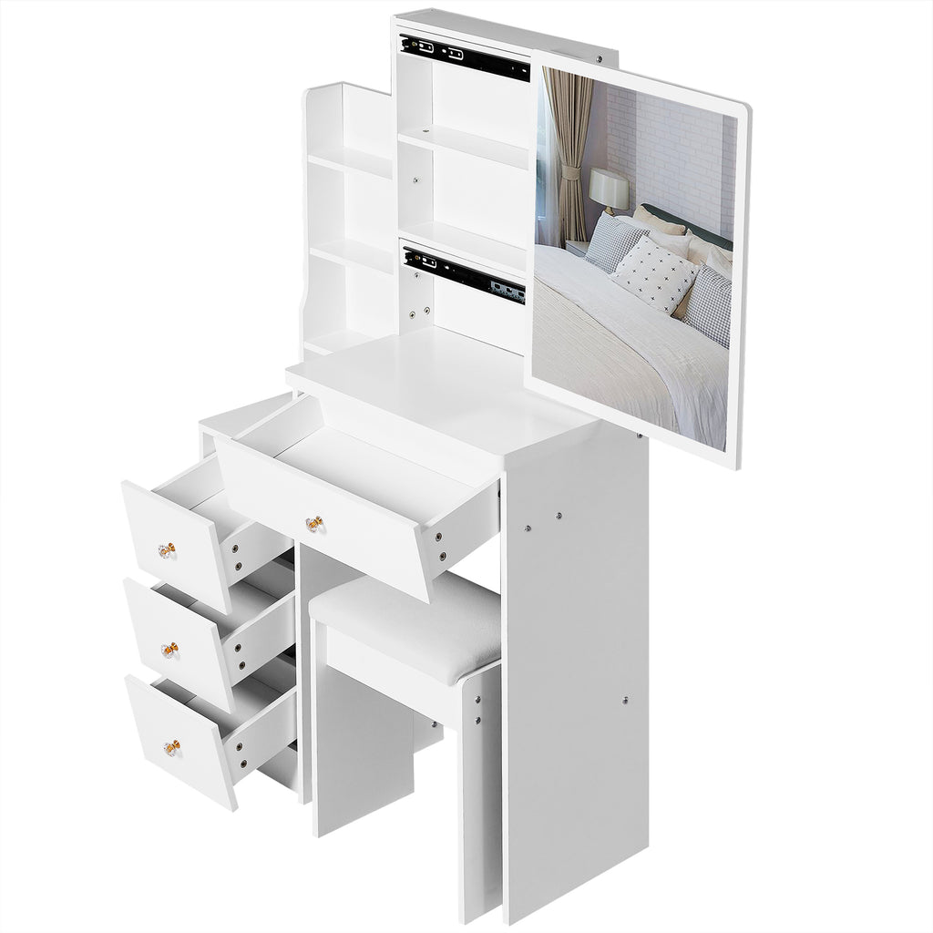 29.2' Small Space Left Bedside Cabinet Vanity Table + Cushioned Stool, Extra Large Right sliding mirror, Multi Layer High Capacity Storage, Practical Fashionable Dresser, EPA, GCC, UL Certificate - Grand Goldman Shop