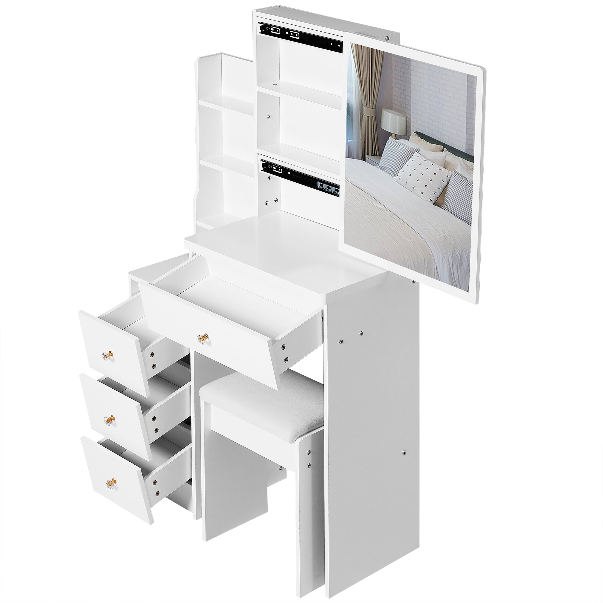 29.2' Small Space Left Bedside Cabinet Vanity Table + Cushioned Stool, Extra Large Right sliding mirror, Multi Layer High Capacity Storage, Practical Fashionable Dresser, EPA, GCC, UL Certificate - Grand Goldman Shop