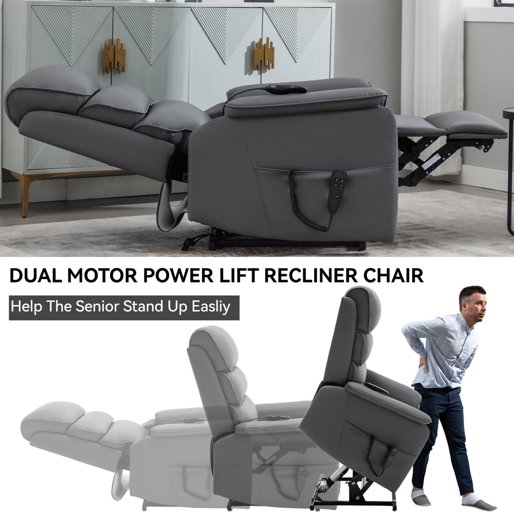 Grey Cat-proof Leather Dual Motor Infinite Position Up to 350 LBS Power Lift Recliner Chair with Power-Remote, Heat Massage and Heavy Duty Motion Mechanism - Grand Goldman Shop