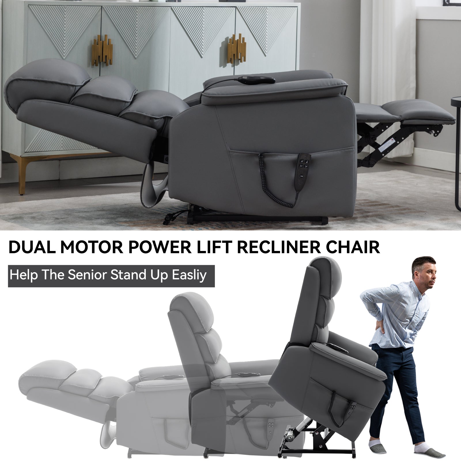Grey Cat-proof Leather Dual Motor Infinite Position Up to 350 LBS Power Lift Recliner Chair with Power-Remote, Heat Massage and Heavy Duty Motion Mechanism - Grand Goldman Shop