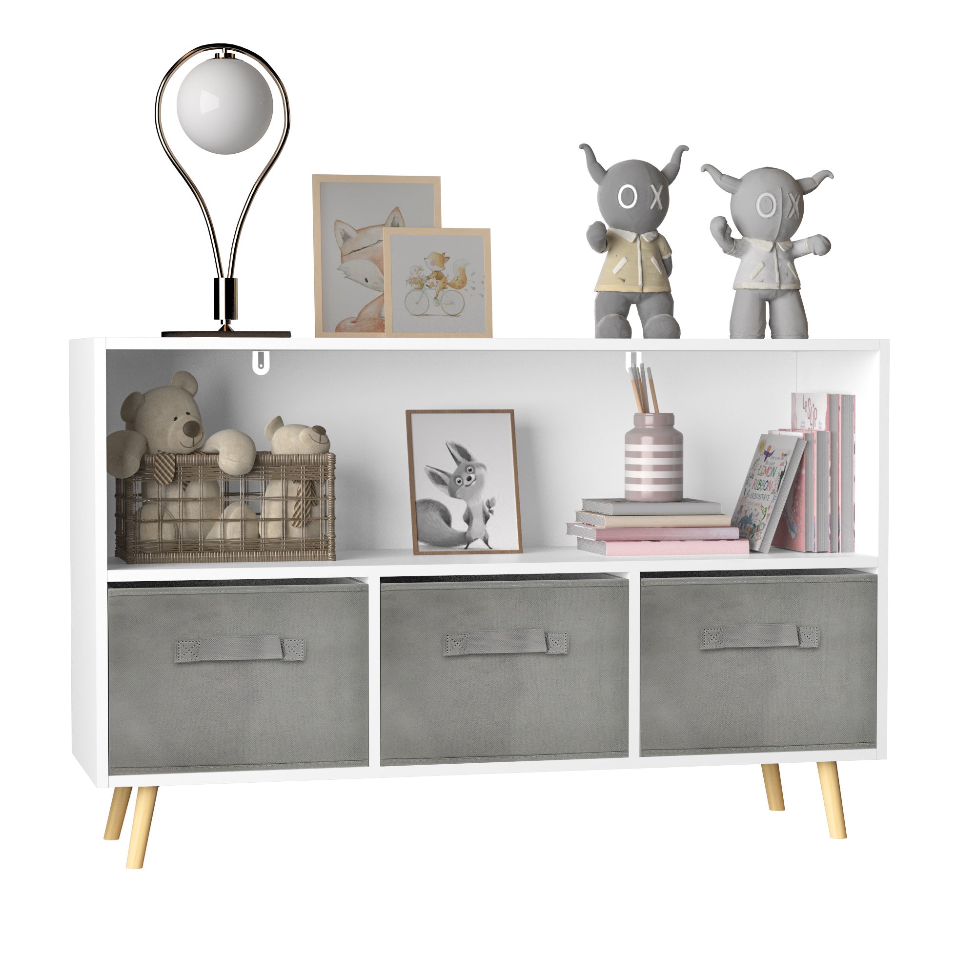 Kids Bookcase with Collapsible Fabric Drawers, Children's Book Display, Toy Storage Cabinet Organizer, White/Gray, MDF+Pine |