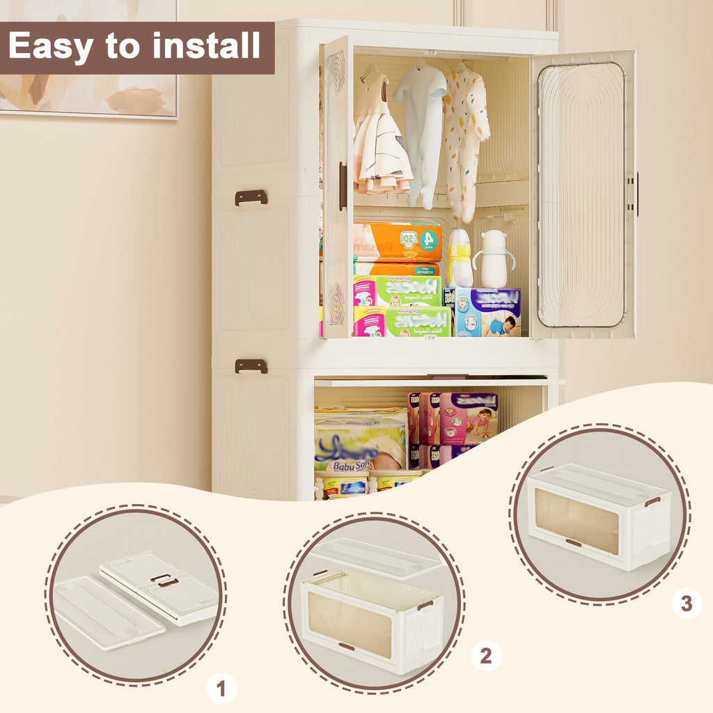 Portable Wardrobe Closet Storage Organizer with Magnetic Doors and Hanging Rod, Cream White - Grand Goldman Shop