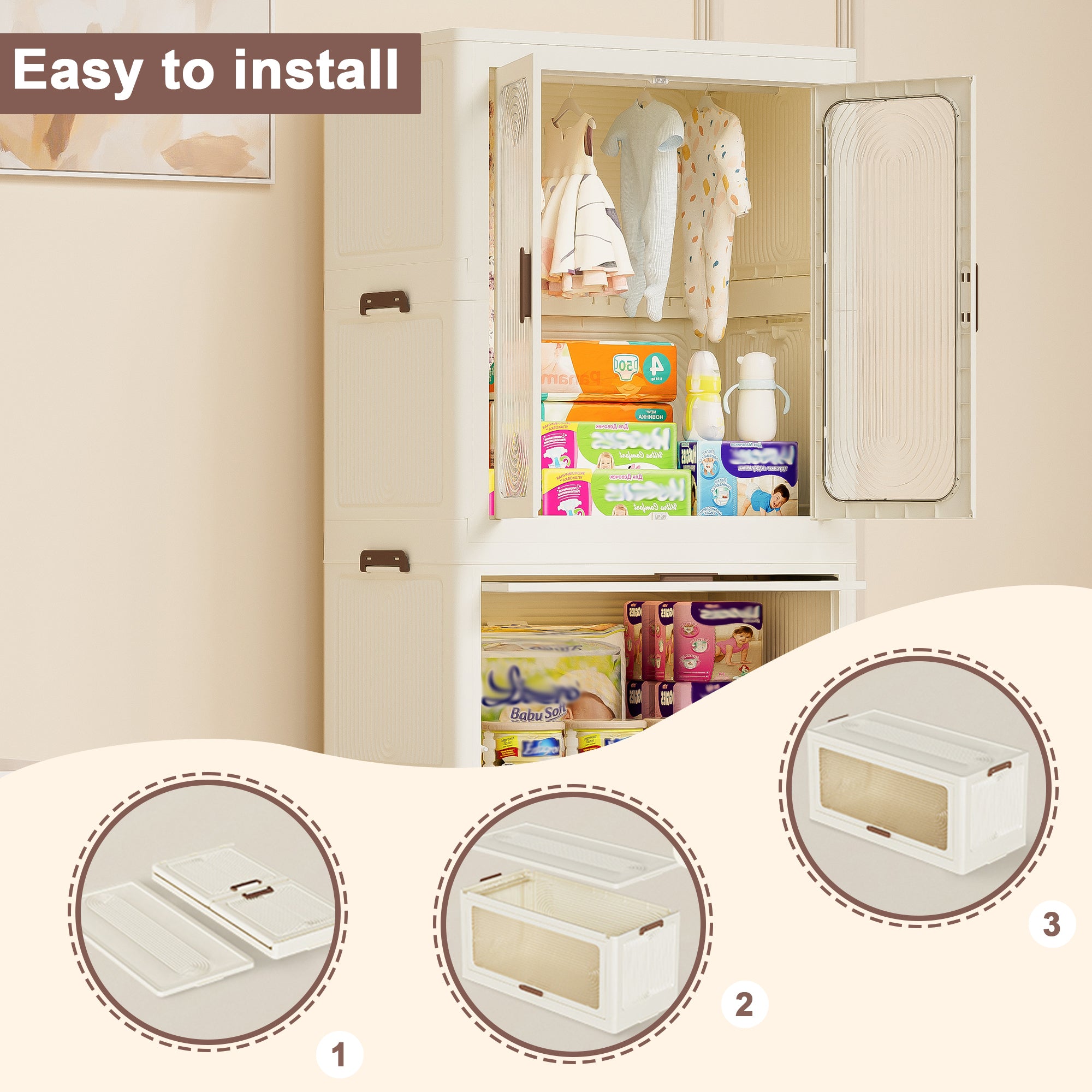 Portable Wardrobe Closet Storage Organizer with Magnetic Doors and Hanging Rod, Cream White - Grand Goldman Shop