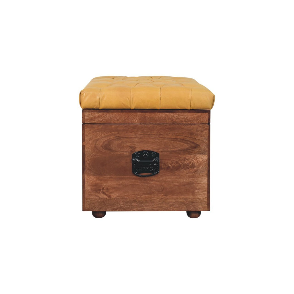 Solid Wood Buffalo Hide Honey Caramel Storage Trunk, Leather Upholstered, Yellow and Brown - Grand Goldman Shop