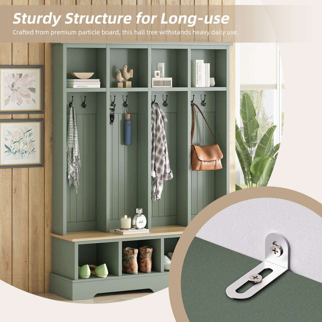 Farmhouse Hall Tree with 8 Hooks, Practical Entryway Bench with Open Compartments, 76.7'H Modern 3-in-1 Wooden Style Coat and Shoe Rack for Mudroom, Living Room, Mint Green (OLD SKU: N721P292601M) - Grand Goldman Shop