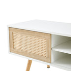 Modern Rattan TV Cabinet with Double Sliding Doors, Adjustable Shelf, Solid Wood Legs, White, 55.12 inches - Grand Goldman Shop