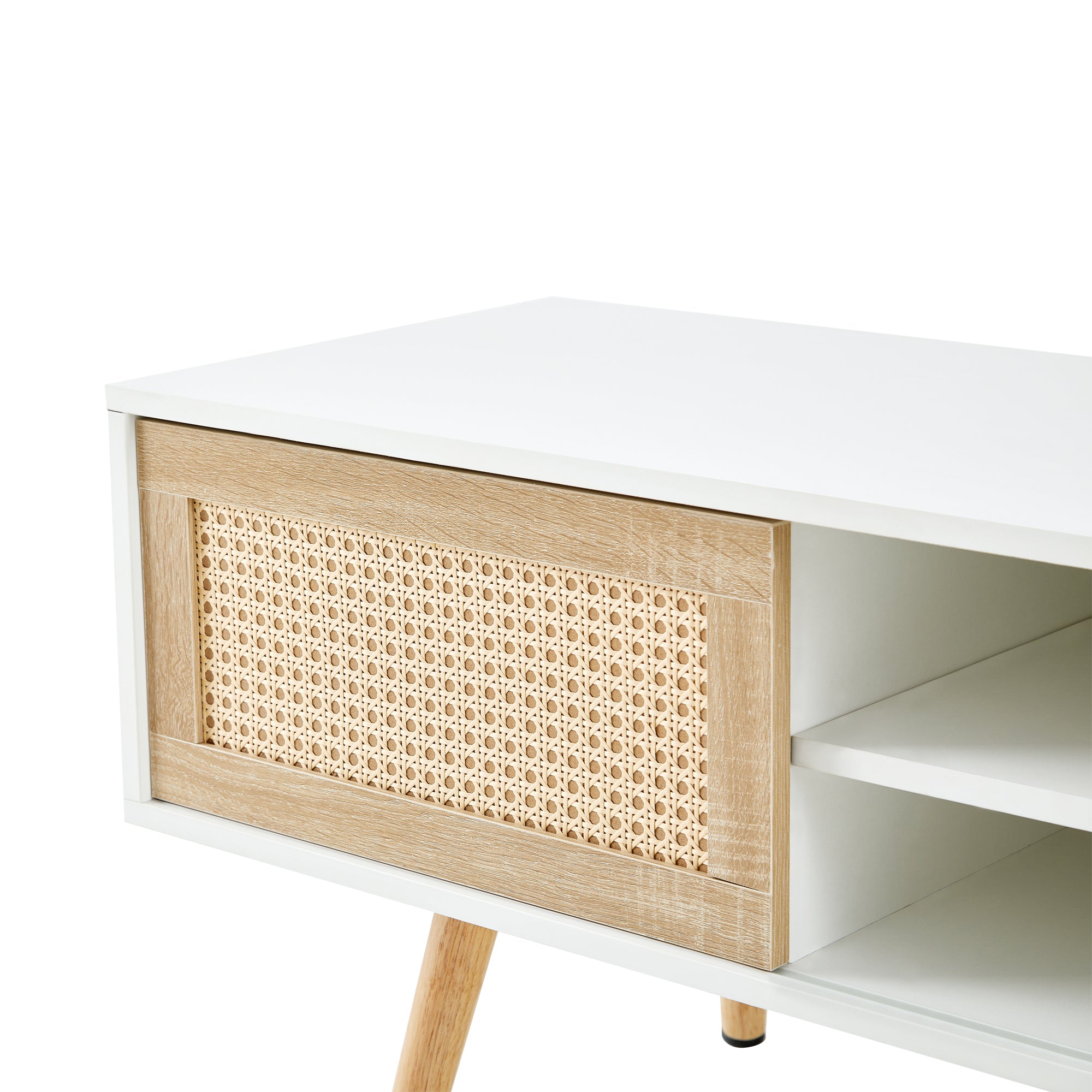 Modern Rattan TV Cabinet with Double Sliding Doors, Adjustable Shelf, Solid Wood Legs, White, 55.12 inches - Grand Goldman Shop