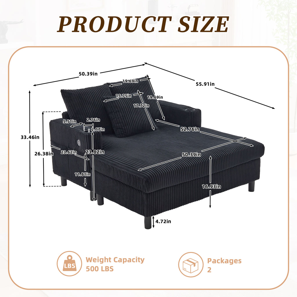UNITED WE WIN Modern Corduroy Oversized Recliner Sofa with Deep Seat, 3 Pillows, USB Charging, RGB LED Light Strip, Cup Holder, Side Pocket - Suitable for Living Room and Bedroom - Grand Goldman Shop