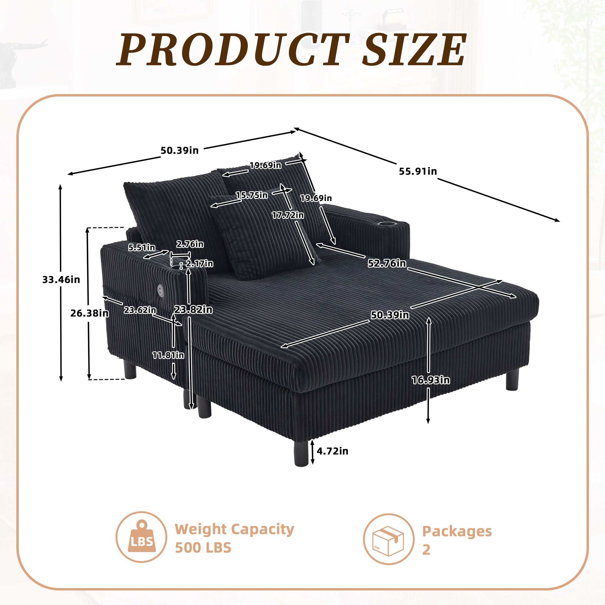 UNITED WE WIN Modern Corduroy Oversized Recliner Sofa with Deep Seat, 3 Pillows, USB Charging, RGB LED Light Strip, Cup Holder, Side Pocket - Suitable for Living Room and Bedroom - Grand Goldman Shop