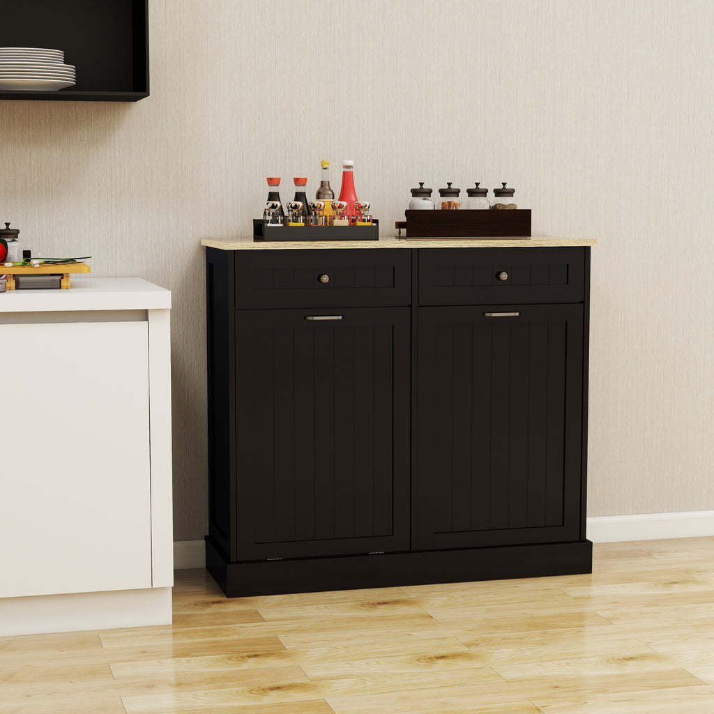 Two Drawers and Two-Compartment Tilt-Out Trash Cabinet Kitchen Trash Cabinet-Black - Grand Goldman Shop