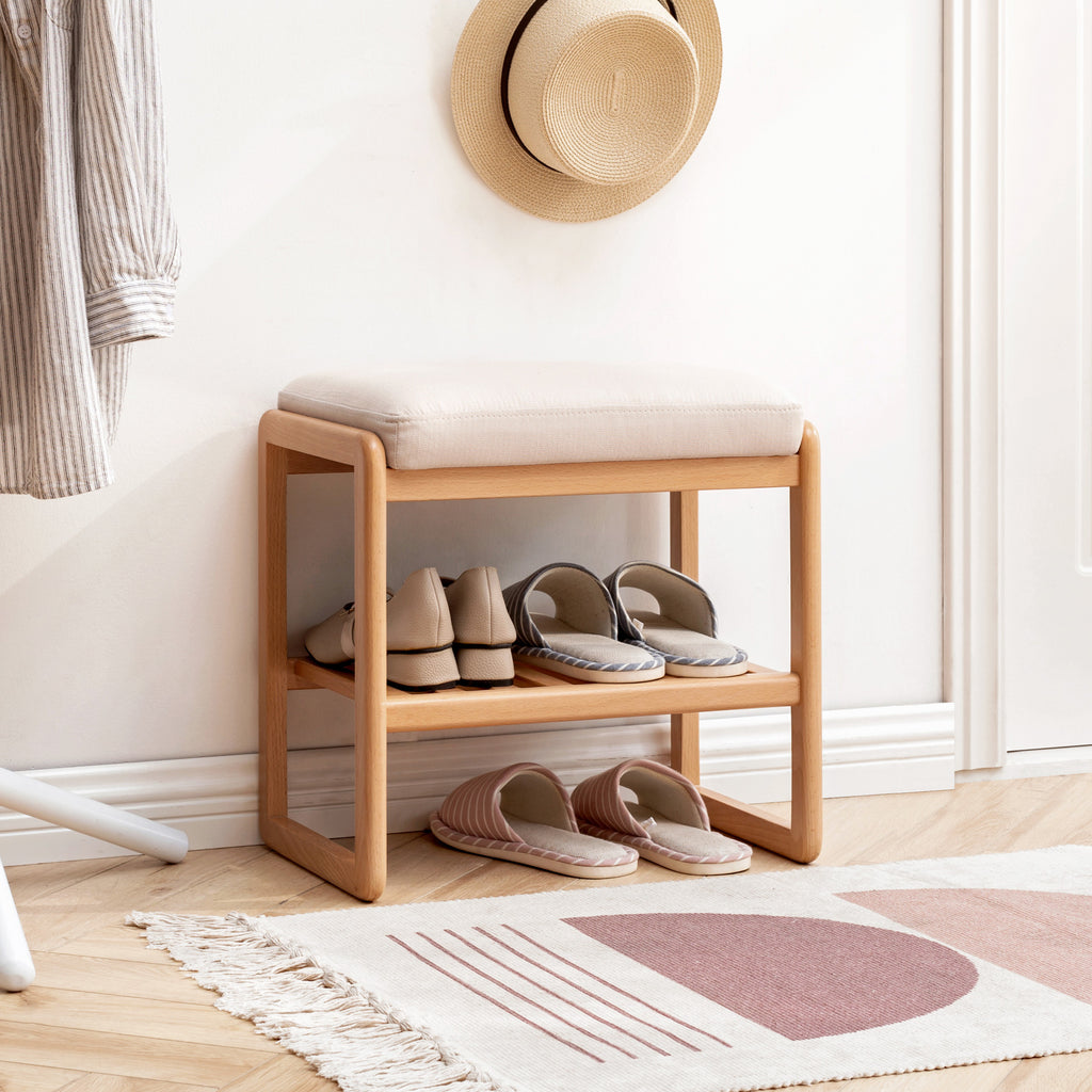 Natural Solid Wood Shoe Bench with Beech Wood Storage Rack Organizer and High Rebound Sponge Cushion in Beige - Grand Goldman Shop