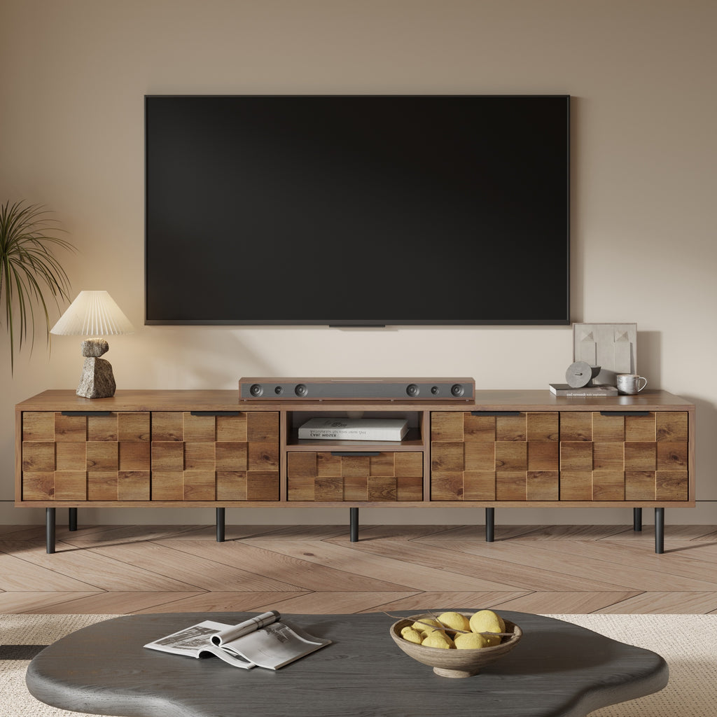 Natural Wood TV Stand for 85 75 65 Inch TV, L-Shaped Handle Entertainment Console with Storage, 78' Long - Grand Goldman Shop