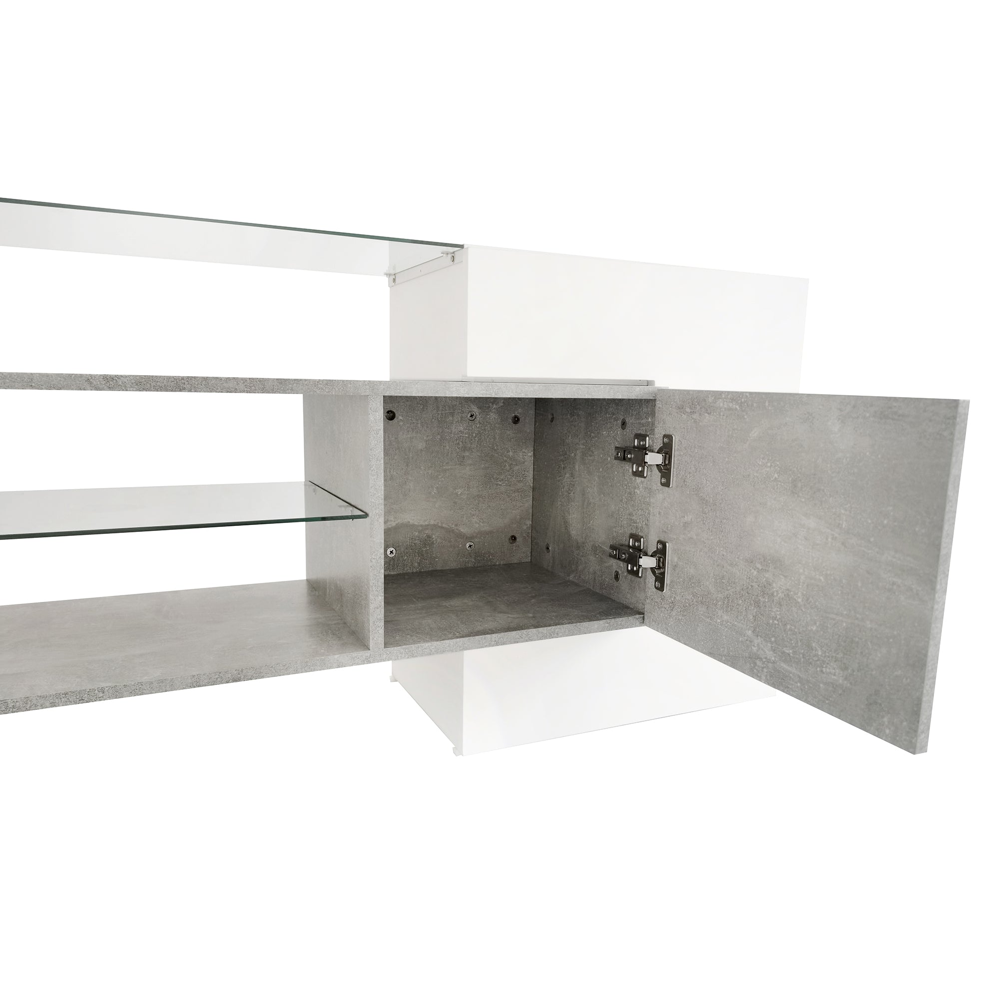 ON-TREND Unique Shape TV Stand with 2 Illuminated Glass Shelves, High Gloss Entertainment Center for TVs Up to 88', Versatile TV Cabinet with LED Color Changing Lights for Living Room, Grey - Grand Goldman Shop