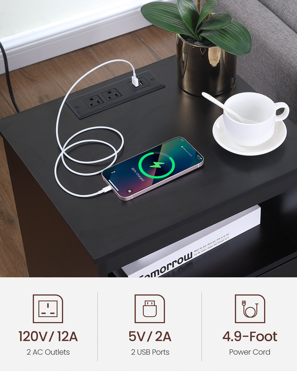 Nightstand with Charging Station,End Table with 2 Drawers,Wooden End Table with Drawer and Opening Shelf,Side Table for Bedroom, Black - Grand Goldman Shop