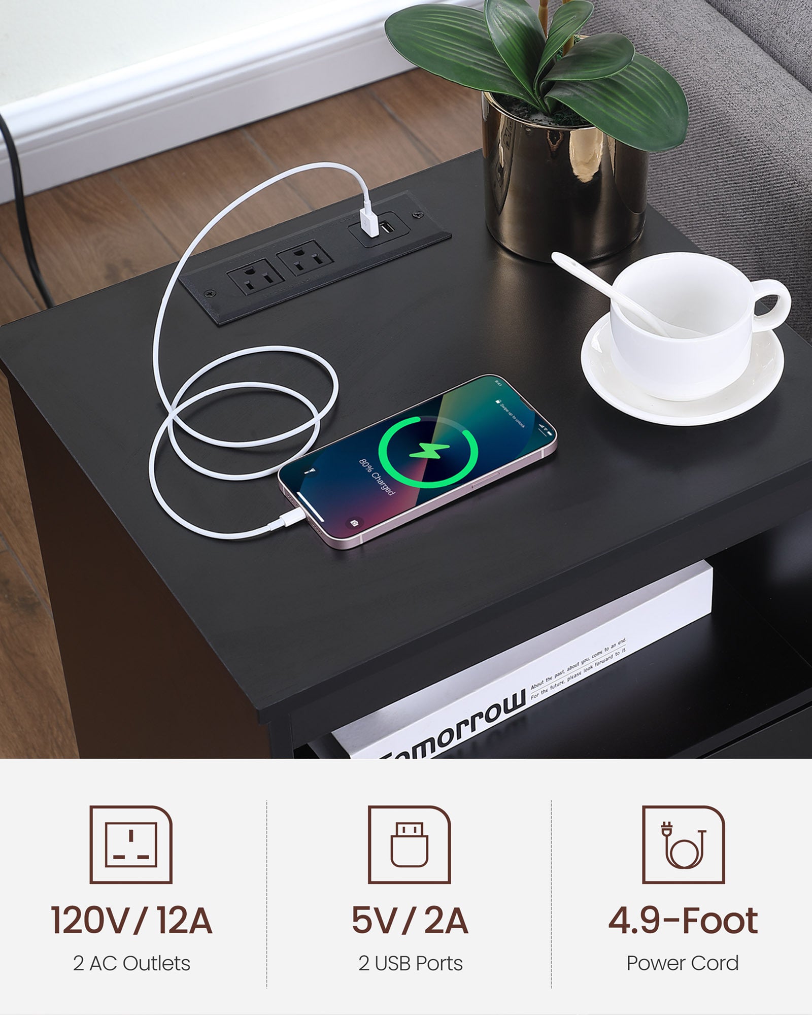 Nightstand with Charging Station,End Table with 2 Drawers,Wooden End Table with Drawer and Opening Shelf,Side Table for Bedroom, Black - Grand Goldman Shop
