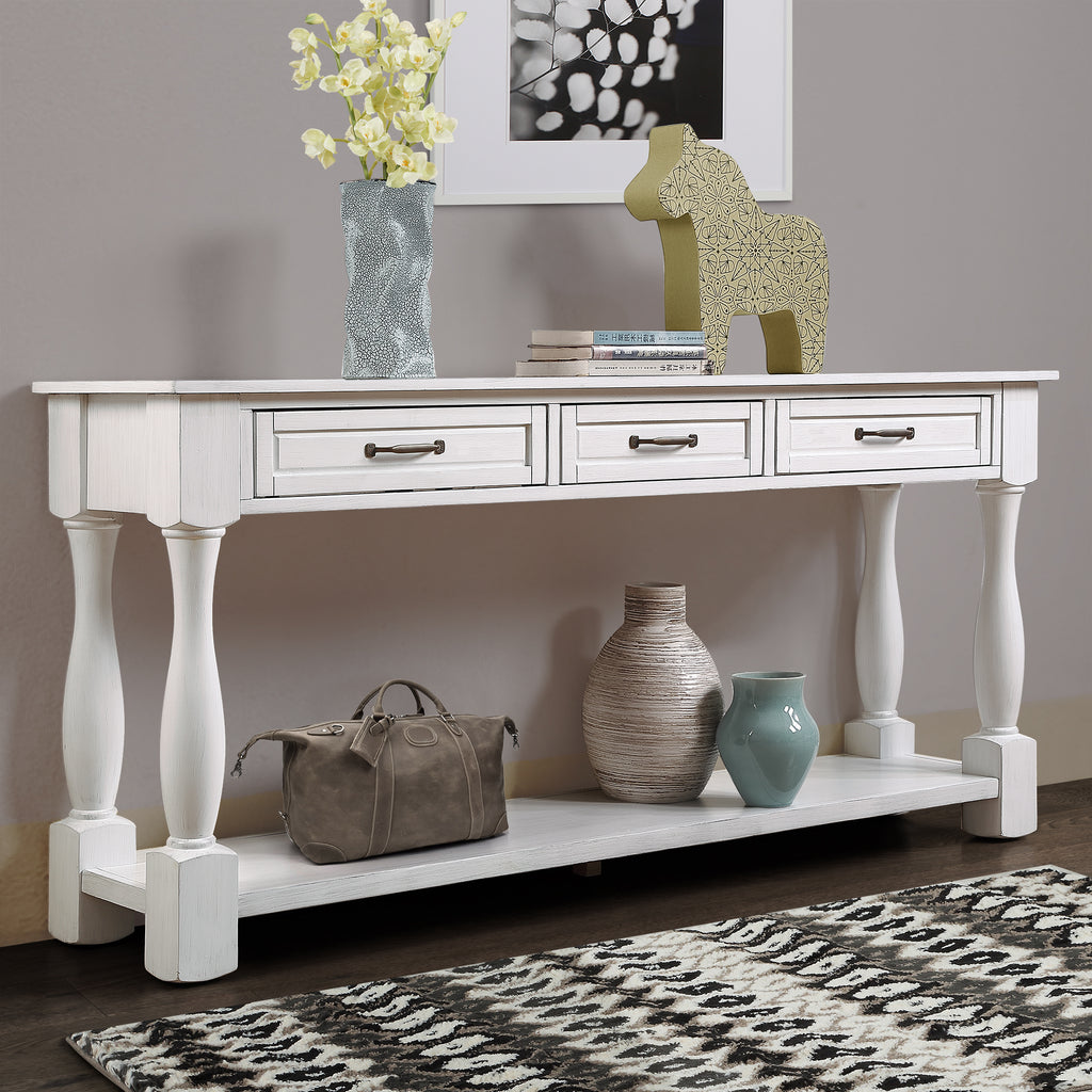 63inch Long Wood Console Table with 3 Drawers and 1 Bottom Shelf for Entryway Hallway Easy Assembly Extra-thick Sofa Table (Antique White) - Grand Goldman Shop
