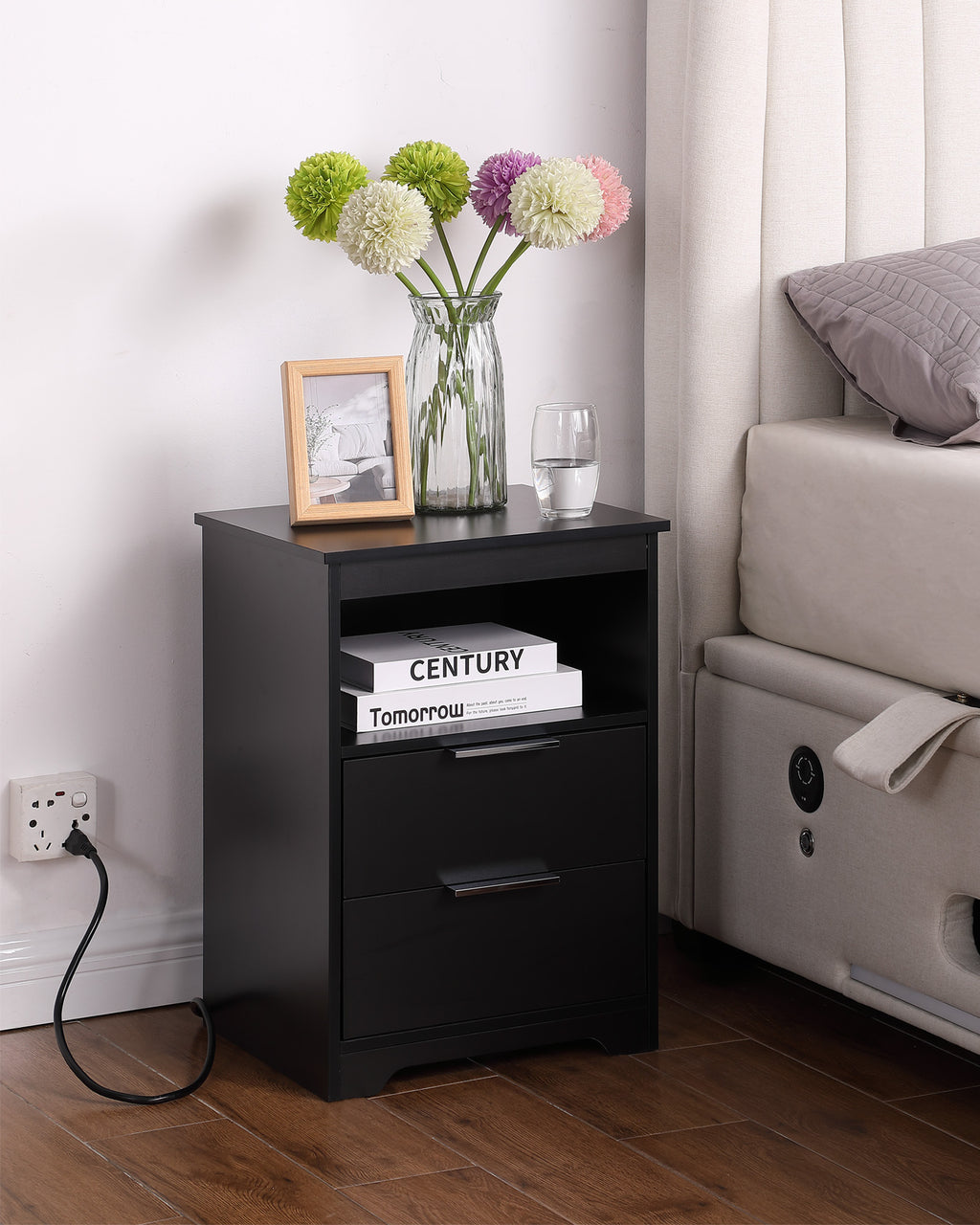 Nightstand with Charging Station,End Table with 2 Drawers,Wooden End Table with Drawer and Opening Shelf,Side Table for Bedroom, Black - Grand Goldman Shop