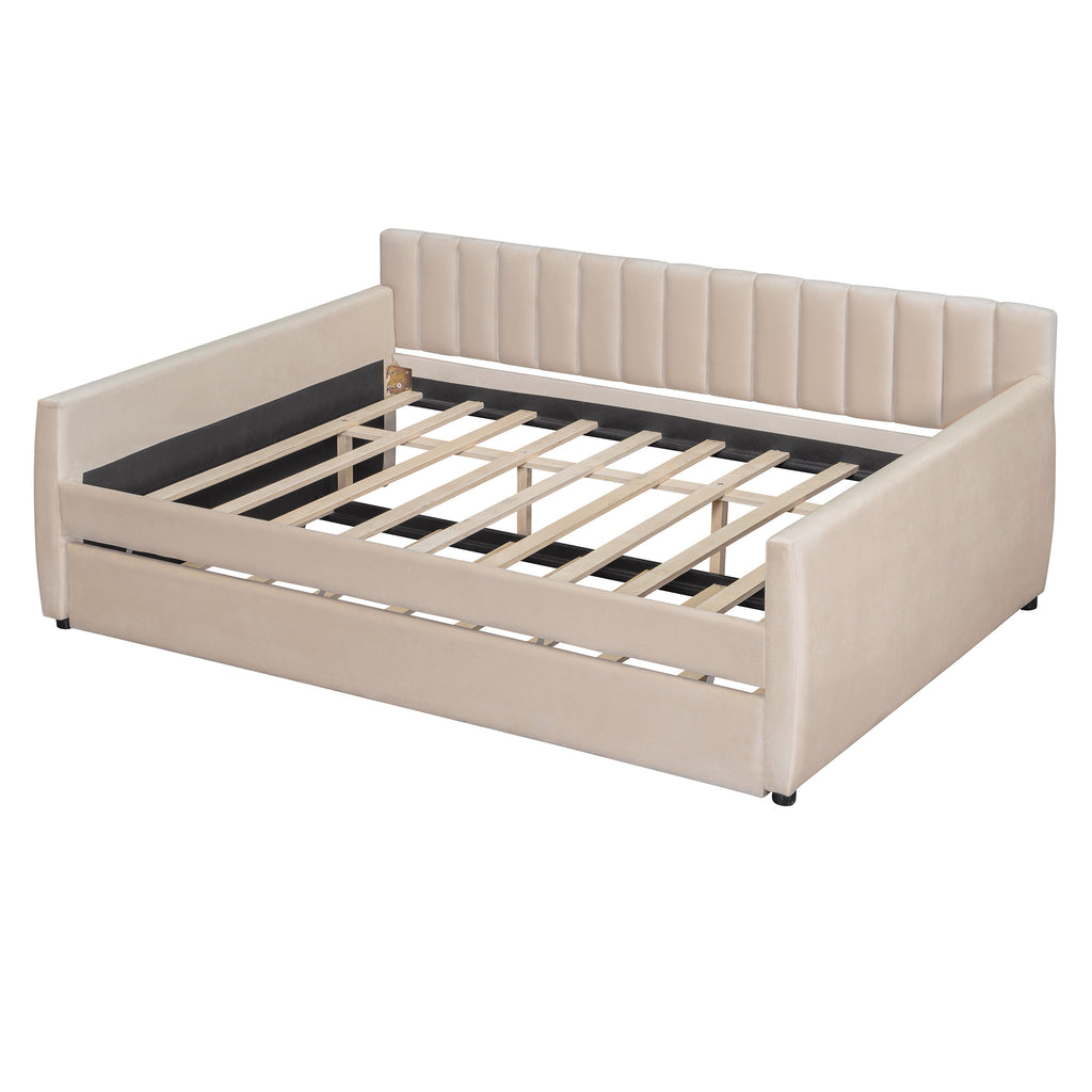 Full Size Upholstered daybed with Trundle and Wood Slat Support, Beige(Old SKU:LP000121AAA) - Grand Goldman Shop