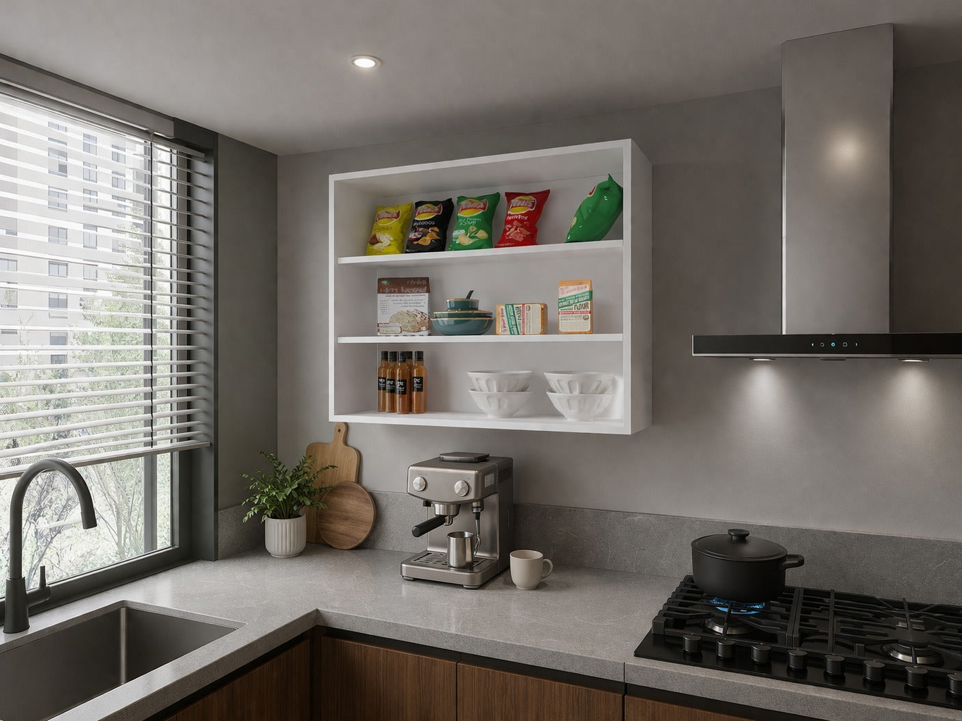 Chinle Wall Cabinet in Melamine with Open Storage, White - Grand Goldman Shop