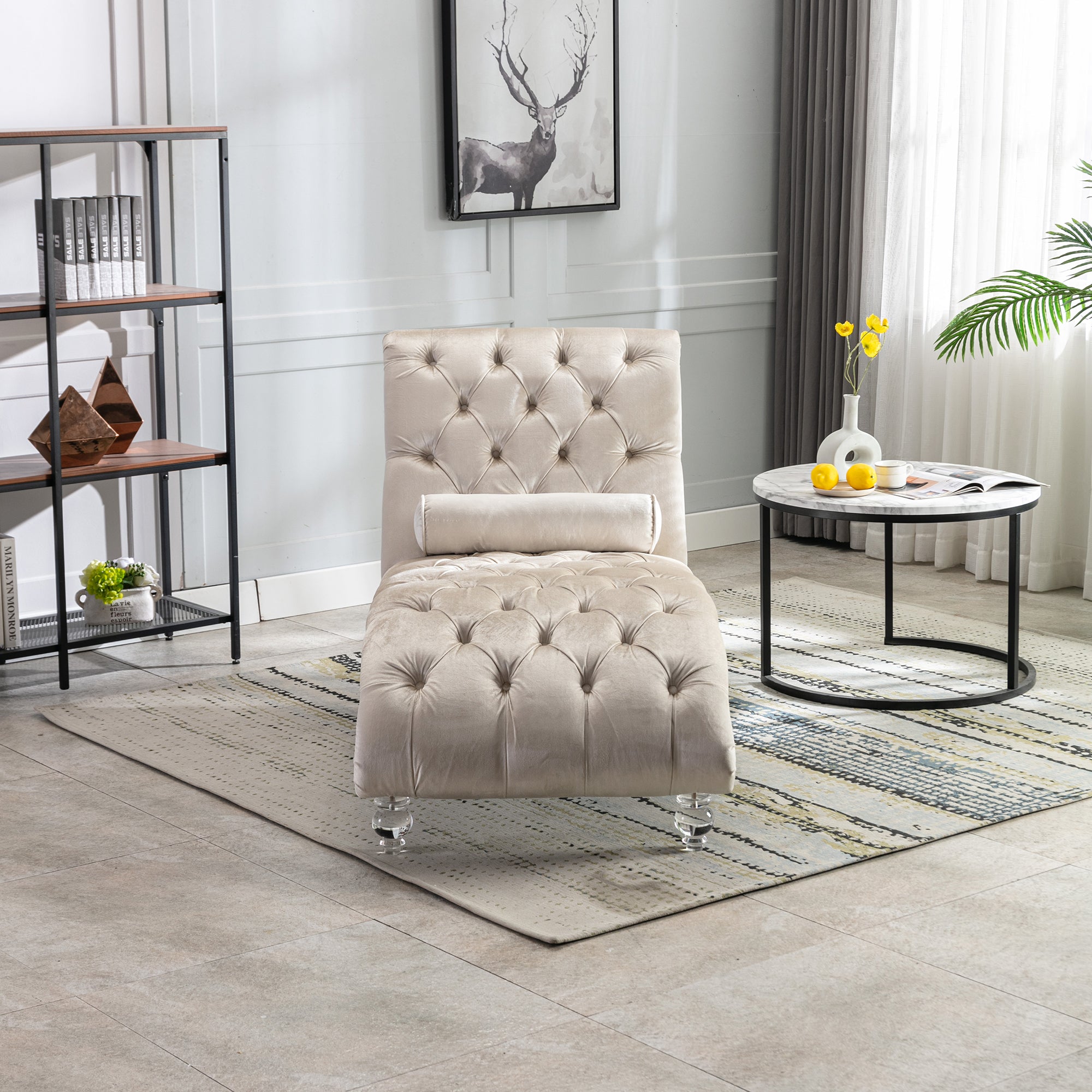 Velvet Chaise Lounge Indoor, Button-Tufted Upholstered Chair with Pillow, Beige Velvet, 63.38x28.94x34.05 inches - Grand Goldman Shop