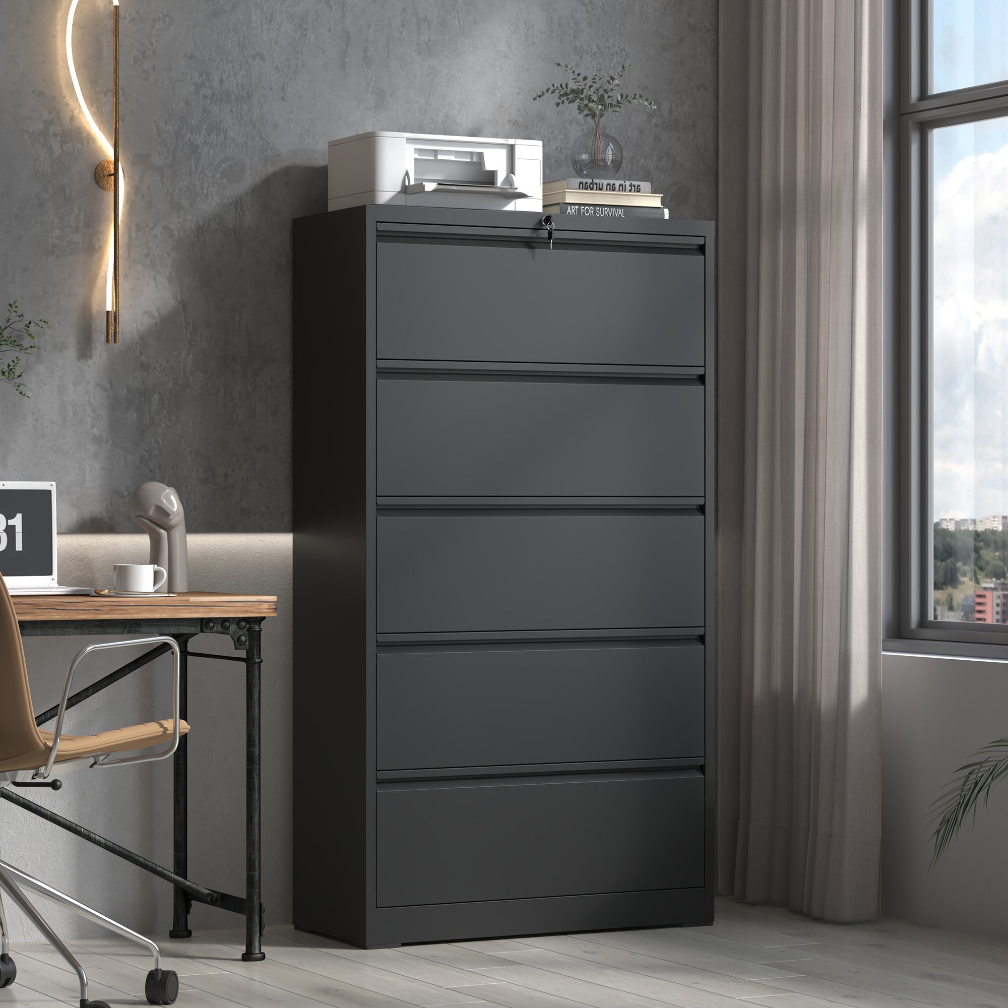 5 Drawer Metal Lateral File Cabinet , Black Filing Cabinet with Lock, Lockable File Cabinet for Home Office, Locking Metal Fi