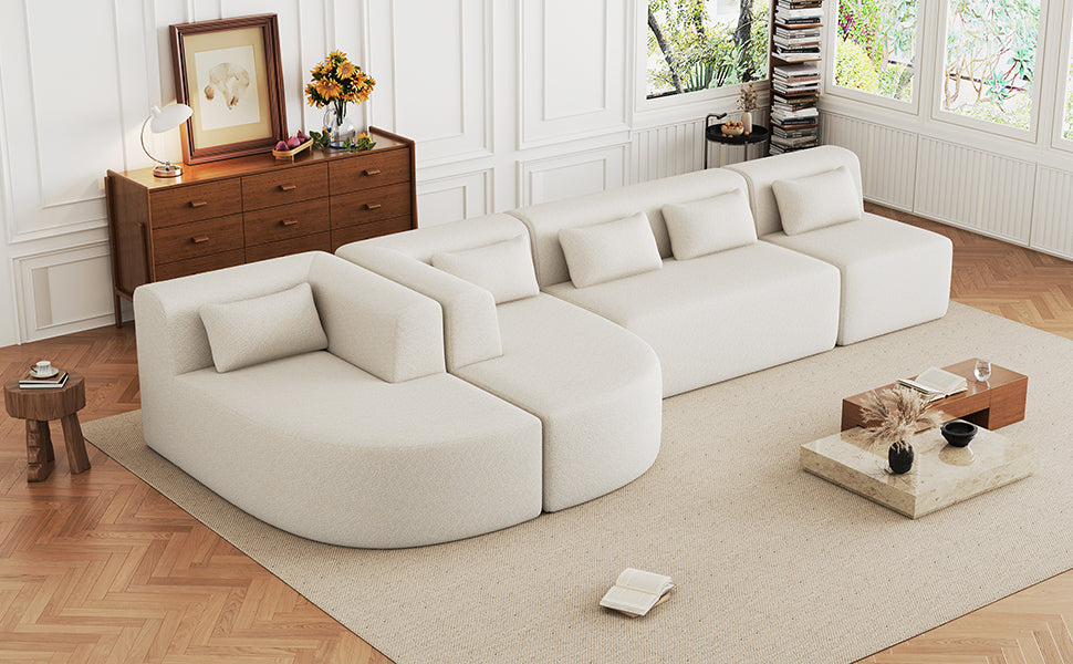 Modern Upholstered L-Shape Sofa with Chaise Lounge and Back Pillows, Beige Boucle Fabric, 144 inches - Grand Goldman Shop