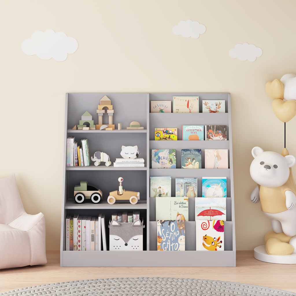 Kids Bookshelf and Toy Storage Organizer, 4-Tier Wooden Bookcase with Display Stand in Gray MDF for Nursery, Playroom, or Chi