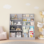 Kids Bookshelf and Toy Storage Organizer, 4-Tier Wooden Bookcase with Display Stand in Gray MDF for Nursery, Playroom, or Chi
