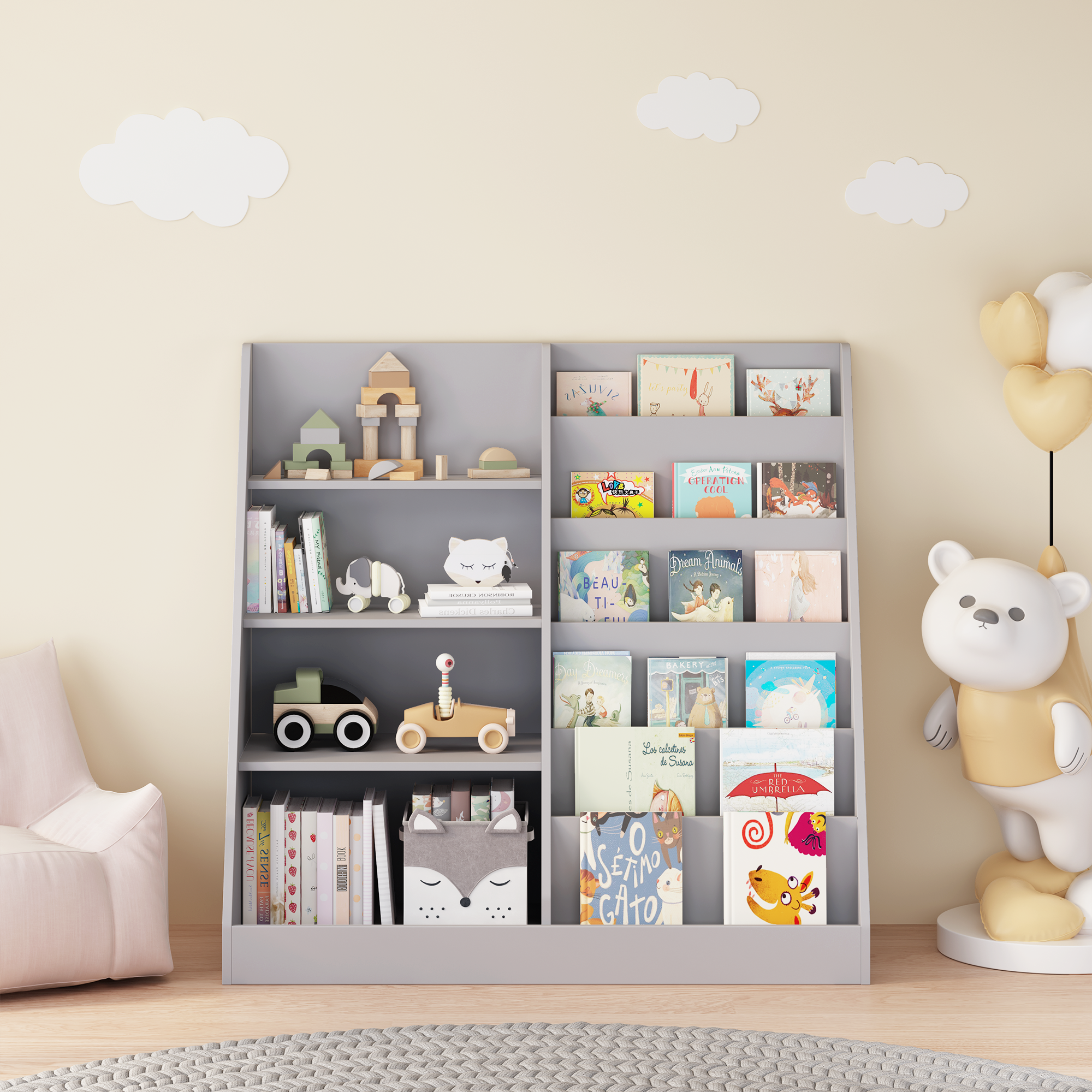 Kids Bookshelf and Toy Storage Organizer, 4-Tier Wooden Bookcase with Display Stand in Gray MDF for Nursery, Playroom, or Chi