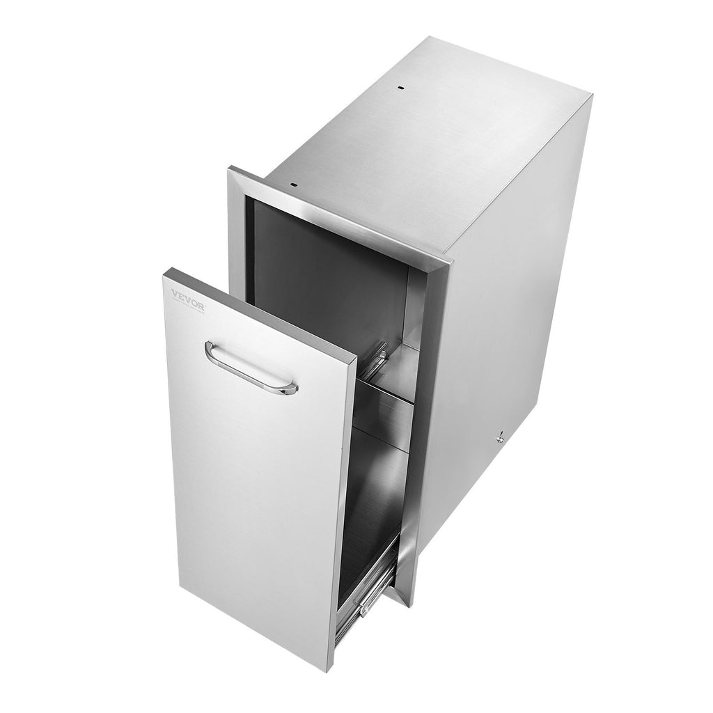 Pull Out Trash Drawer 13.4Wx26Hx19.6D Inch Lower Sliding Rails Stainless Steel Roll Out Trash Bin Pull Out Tray Outdoor Kitchen Trash Drawer with Handle for BBQ Island Grill Station - Grand Goldman Shop