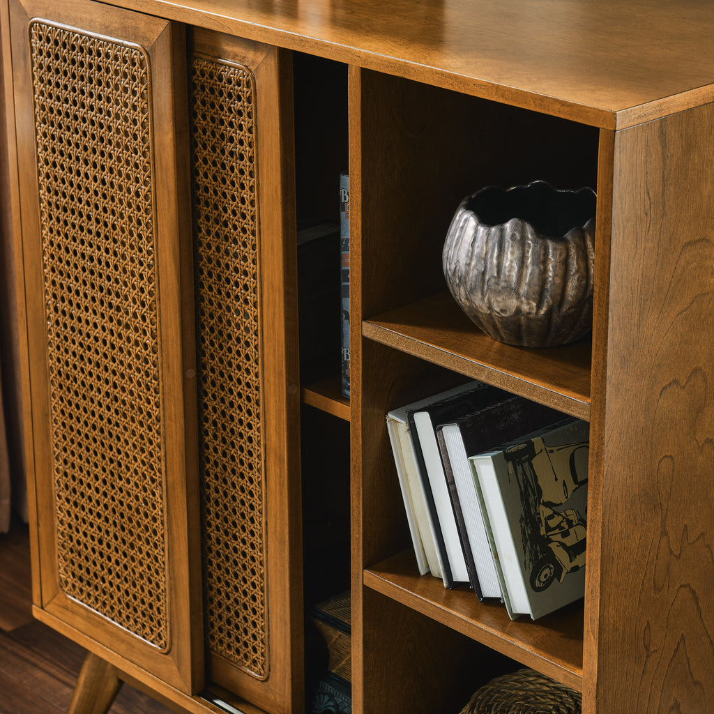 Mid Century Modern Rattan Sideboard Cabinet, Buffet Cabinet for Entryway Hallway Living Room Kitchen Dining Room, Adjustable Shelf & Solid Wood Feet & Rattan Cabinet Doors - Light Wood - Grand Goldman Shop