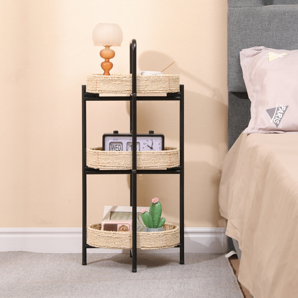 Farmhouse Style 3 Tiers Tray Tables Paper Rope Woven Side Table with Oval Storage Basket in Natural - Grand Goldman Shop