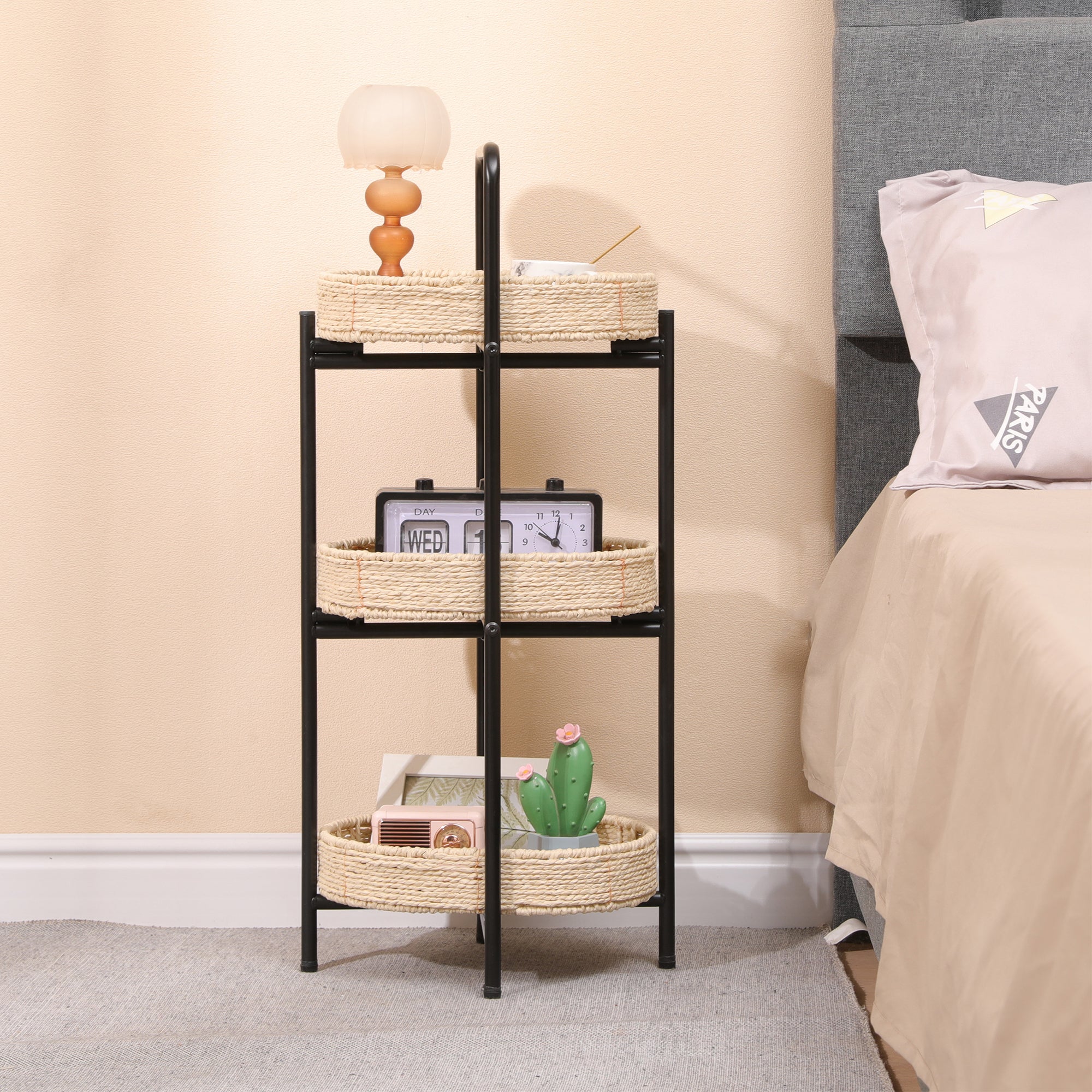 Farmhouse Style 3 Tiers Tray Tables Paper Rope Woven Side Table with Oval Storage Basket in Natural - Grand Goldman Shop