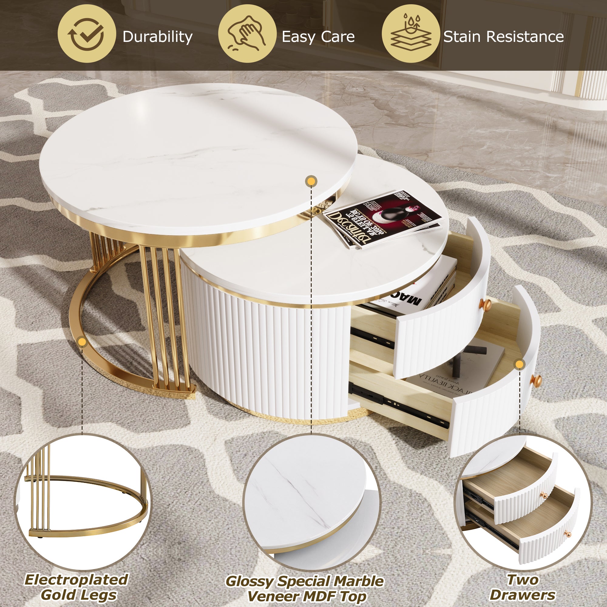 Modern 2 Pieces White Round Nesting  Coffee Table with Drawers in 27.6'' - Grand Goldman Shop