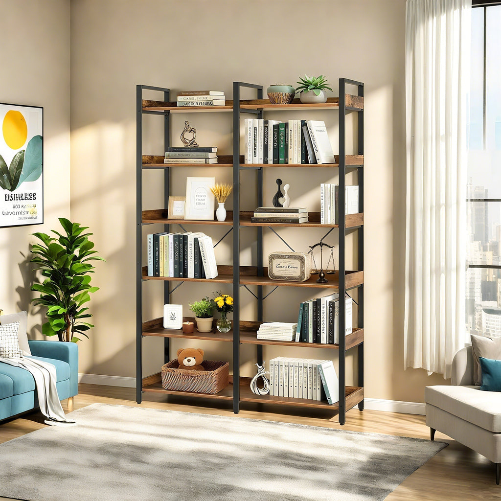 6-Tier Industrial Bookshelf, 67' Wooden Bookshelf with Open Shelves, Freestanding Metal Frame Bookcase for Storage and Display, Modern Book Shelves for Bedroom, Living Room and Home Office, Brown - Grand Goldman Shop