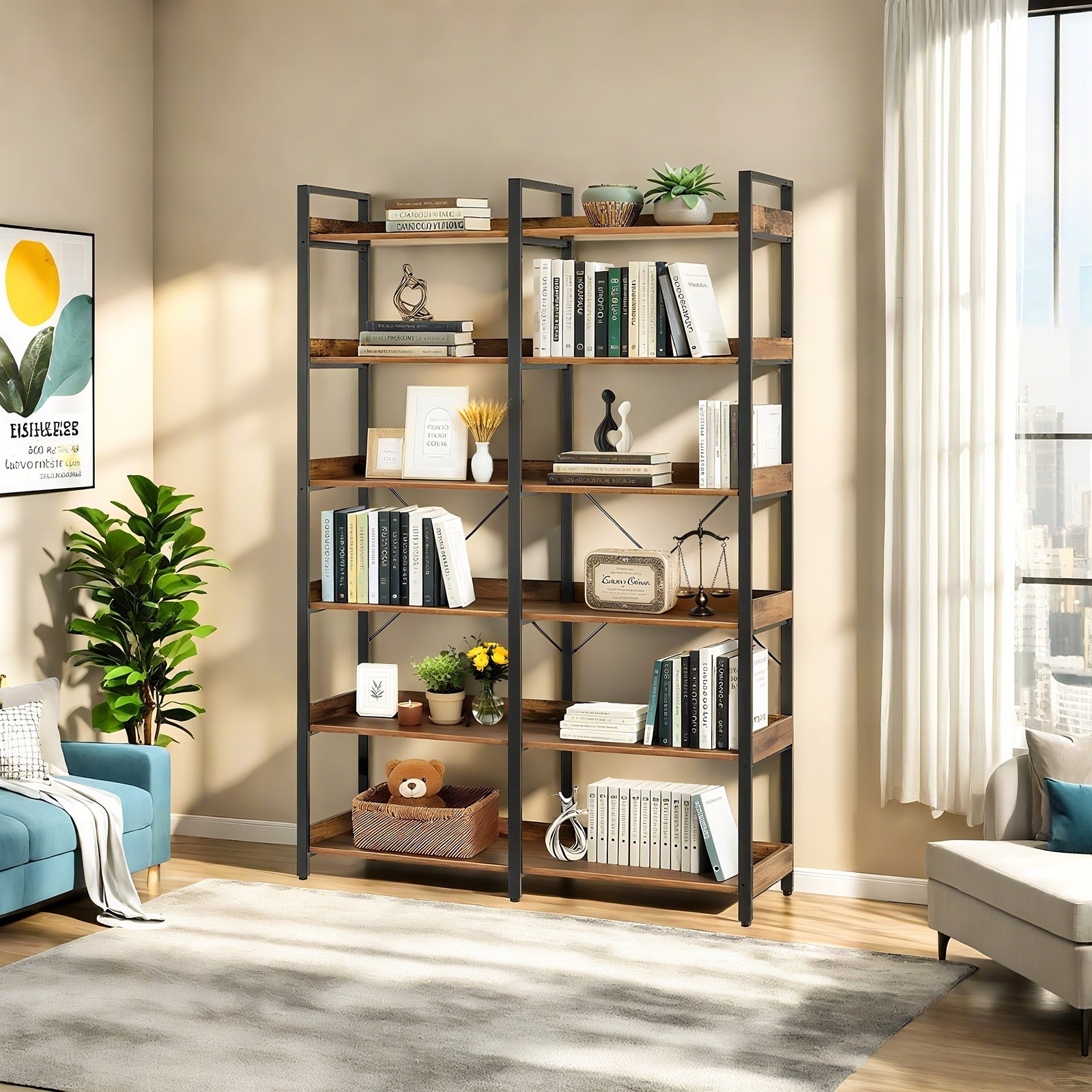6-Tier Industrial Bookshelf, 67' Wooden Bookshelf with Open Shelves, Freestanding Metal Frame Bookcase for Storage and Display, Modern Book Shelves for Bedroom, Living Room and Home Office, Brown - Grand Goldman Shop