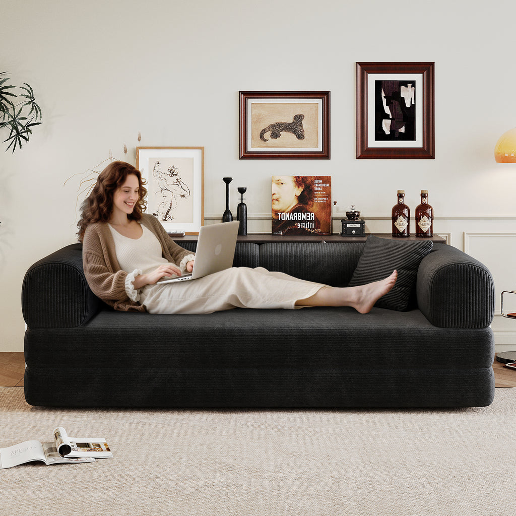 78.8' Compression Sofa,Convertible Floor Sofa Bed-with Pillow Back Support Armrest,Comfy Futon Couch Sleeper Bed,Loveseats Boneless Modular Sectional Sofa,Corduroy fabric,for Living Room,Bedroom,Black - Grand Goldman Shop