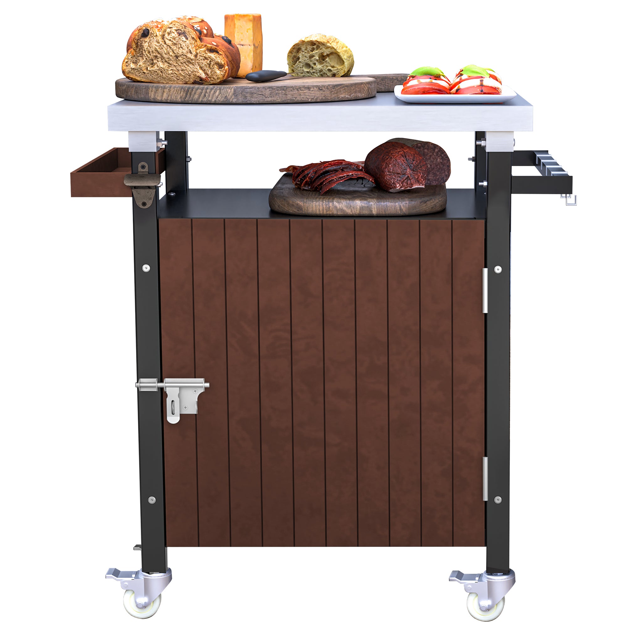 Outdoor Grill Cart with Stainless Steel Tabletop, Storage, Patio Kitchen Island with Wheels, Hooks, and Spice Rack, Waterproof Outdoor Grill Table, Movable BBQ Serving Cart Rolling Bar Cart - Grand Goldman Shop