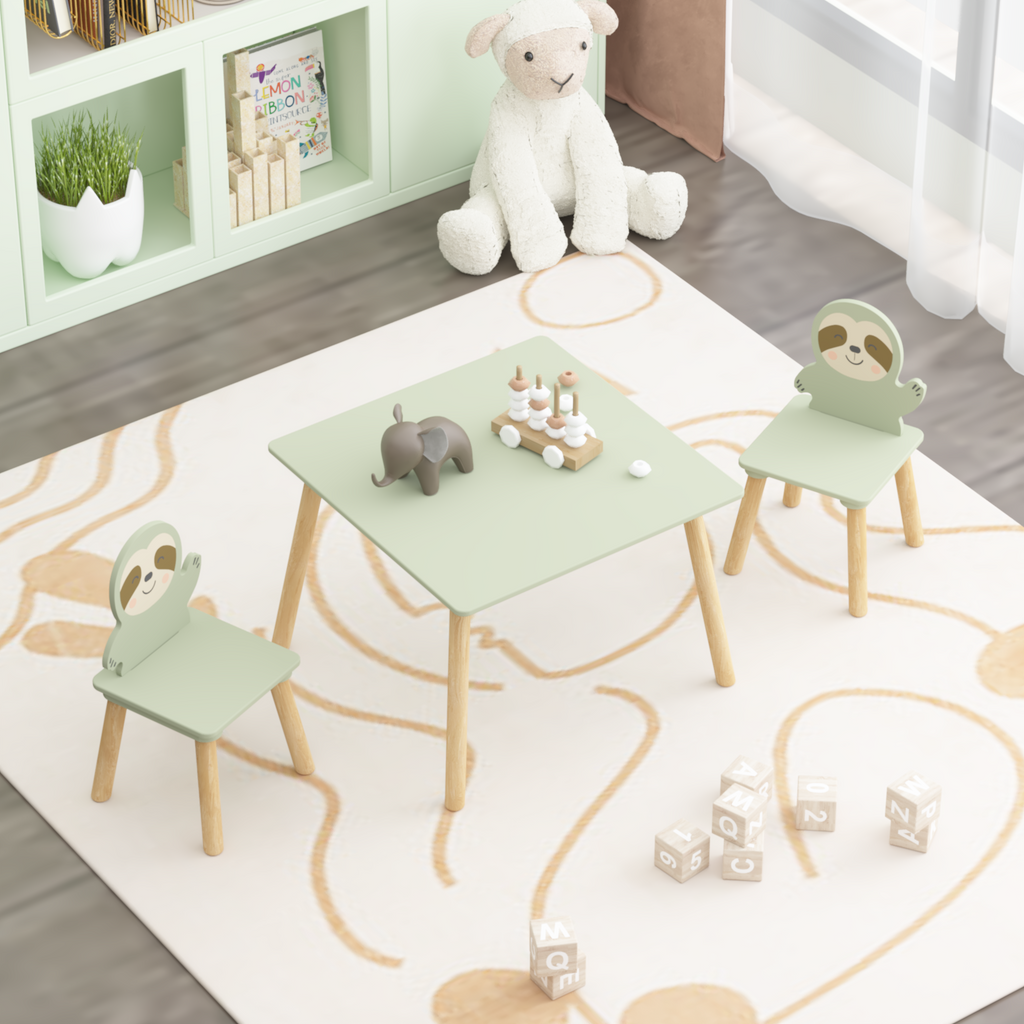 Kids Table and Chair Set with 2 Cute Sloth Chairs, Wooden Toddler Activity Table, Cute Animal Design Play & Study Set for Pla