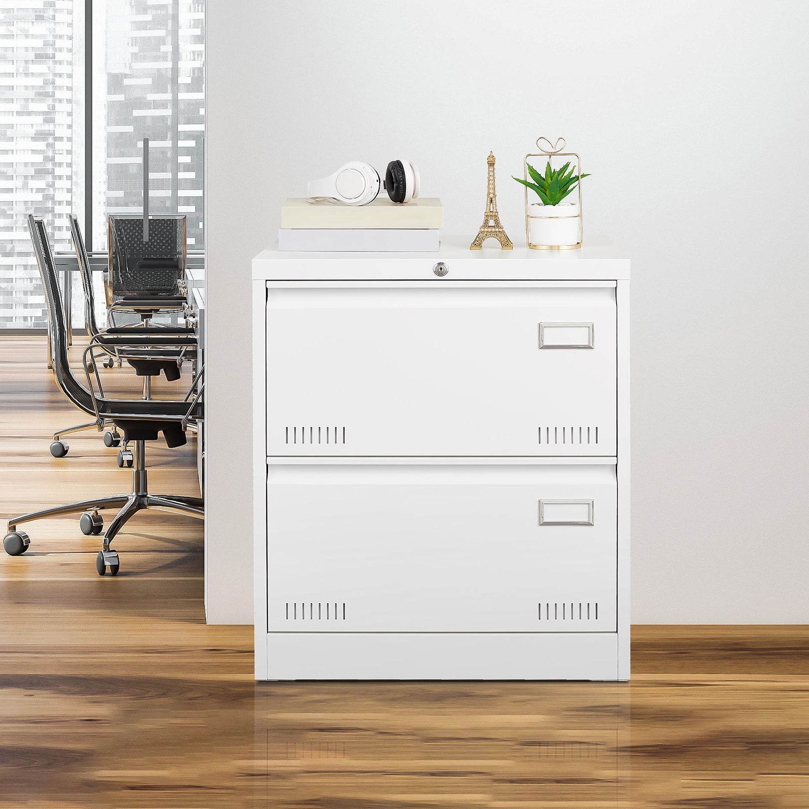 White Metal Lateral File Cabinet with Lock, 3 Drawers for Office/Home, Anti-Tip Design | Premium Home Decor - Grand Goldman